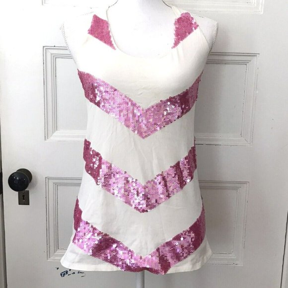 Julie Brown Ivory Pink Stretch Sequin Top T Shirt Racer Back - Picture 1 of 6
